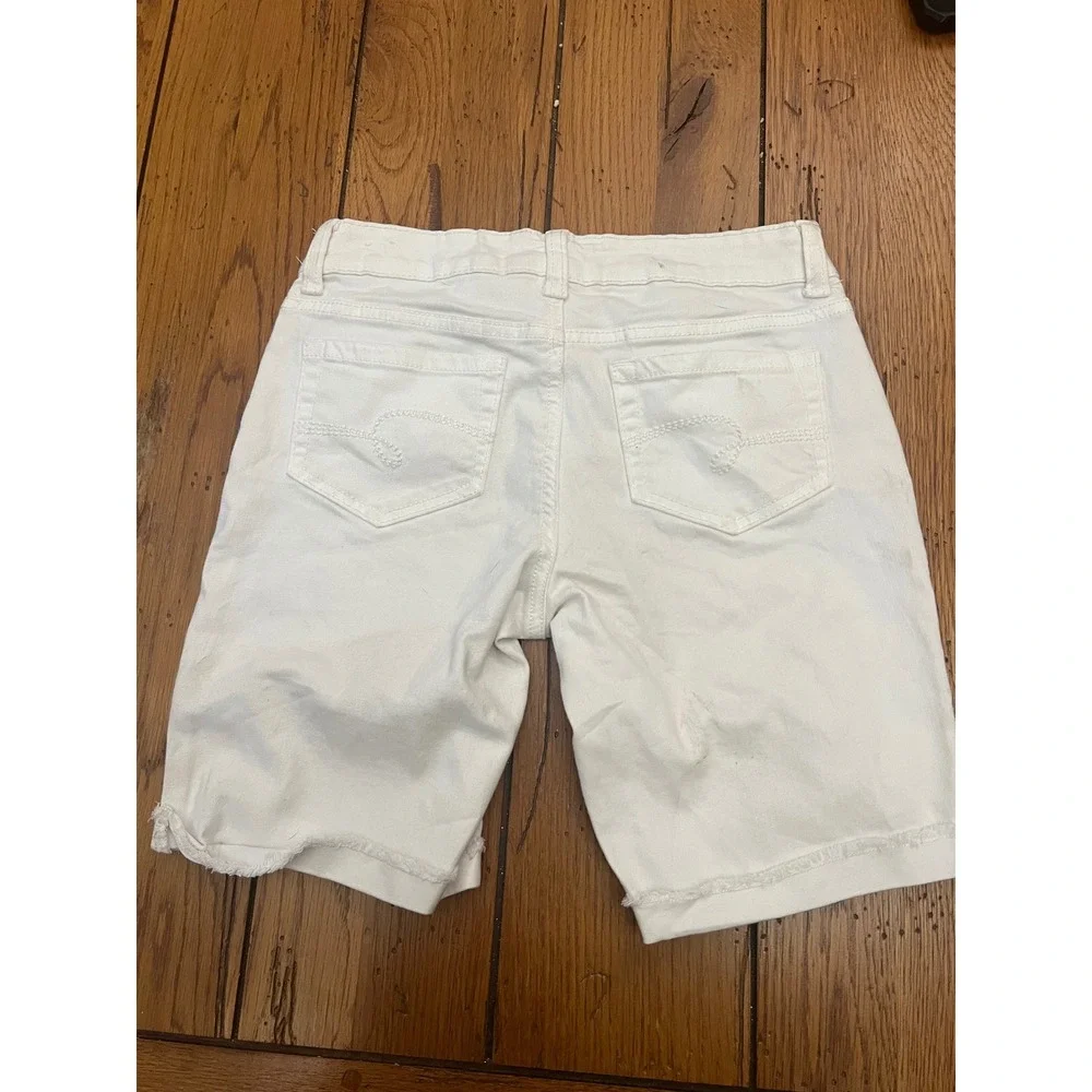 Justice Girls White Denim Bermuda Shorts Size 12 Raw Hem Stretch Cotton Blend